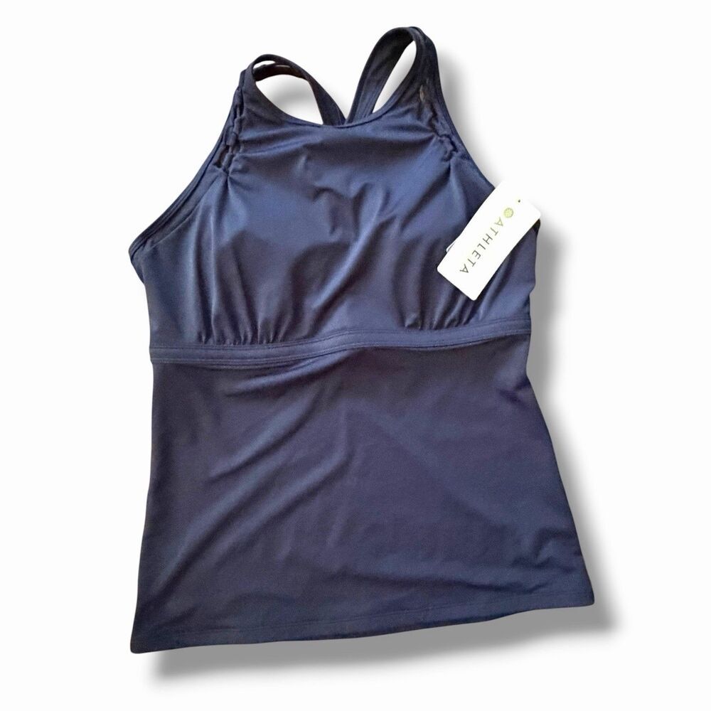 NEW Athleta High Neck Bra Cup Loop Tankini Top 40D/DD Navy Blue Skirt Swimsuit - Picture 4 of 16
